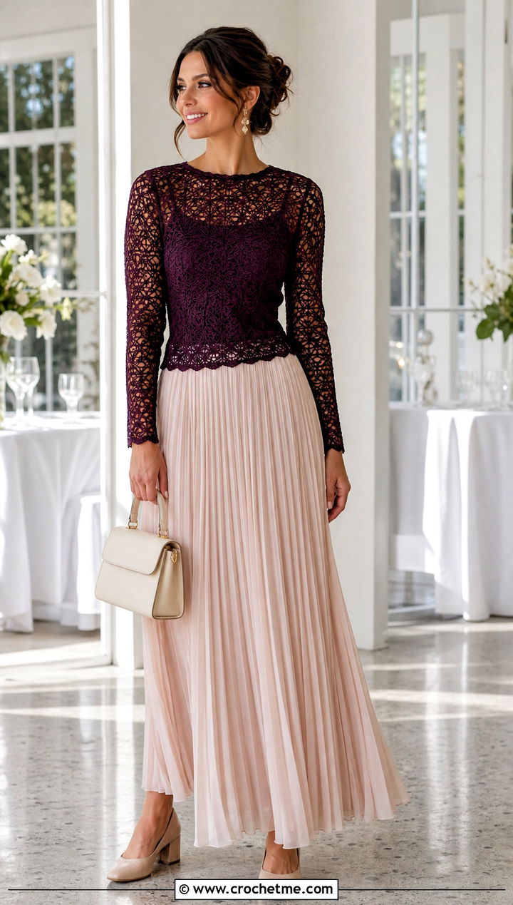 Fitted Lace Crochet Sweater With Pleated Maxi Skirt - 25 lace crochet sweater outfit ideas