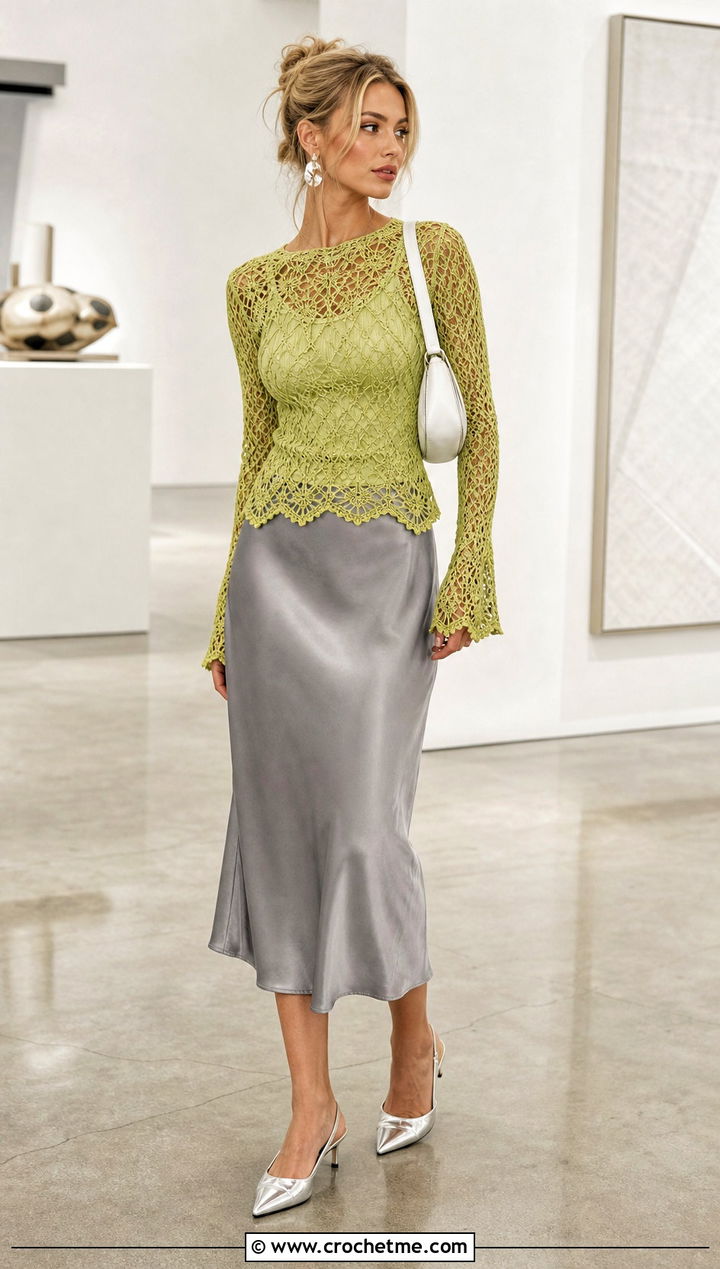 Fitted Lace Stitch Crochet Sweater With Satin Midi Skirt - 25 y2k crochet sweater outfit ideas