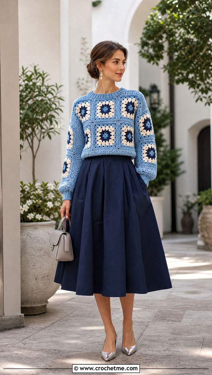 Fitted Large Granny Square Sweater With Full Midi Skirt - 35 large granny square sweater outfit ideas
