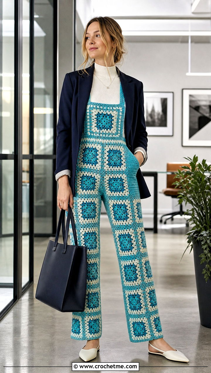 Fitted Leg Granny Square Crochet Overalls With Tailored Blazer - 20 Granny Square Crochet Overalls outfit ideas