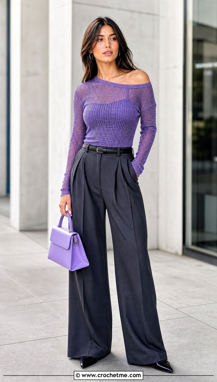 Fitted Long Sleeve Filet Mesh Off Shoulder Top With Tailored Trousers - 25 crochet mesh off shoulder top outfit ideas