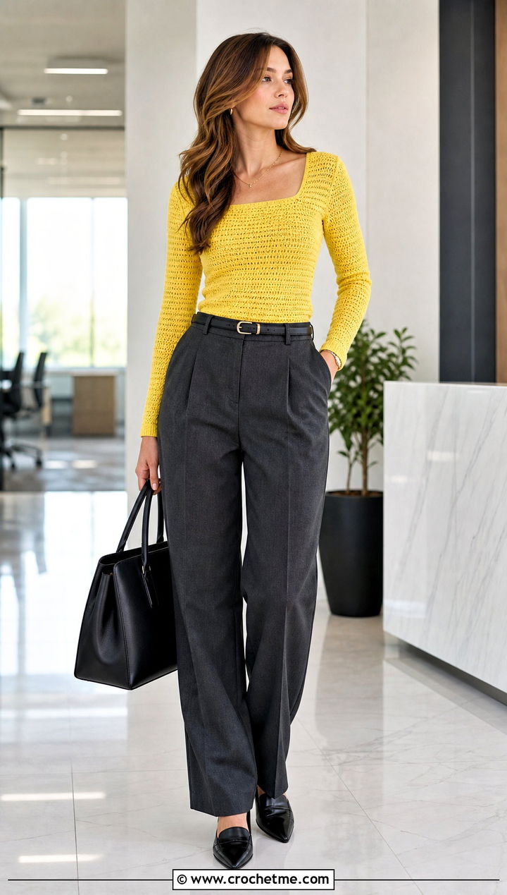Fitted Long Sleeve Square Neck Crochet Sweater With Tailored Trousers - 15 Square Neck Crochet Sweater outfit ideas