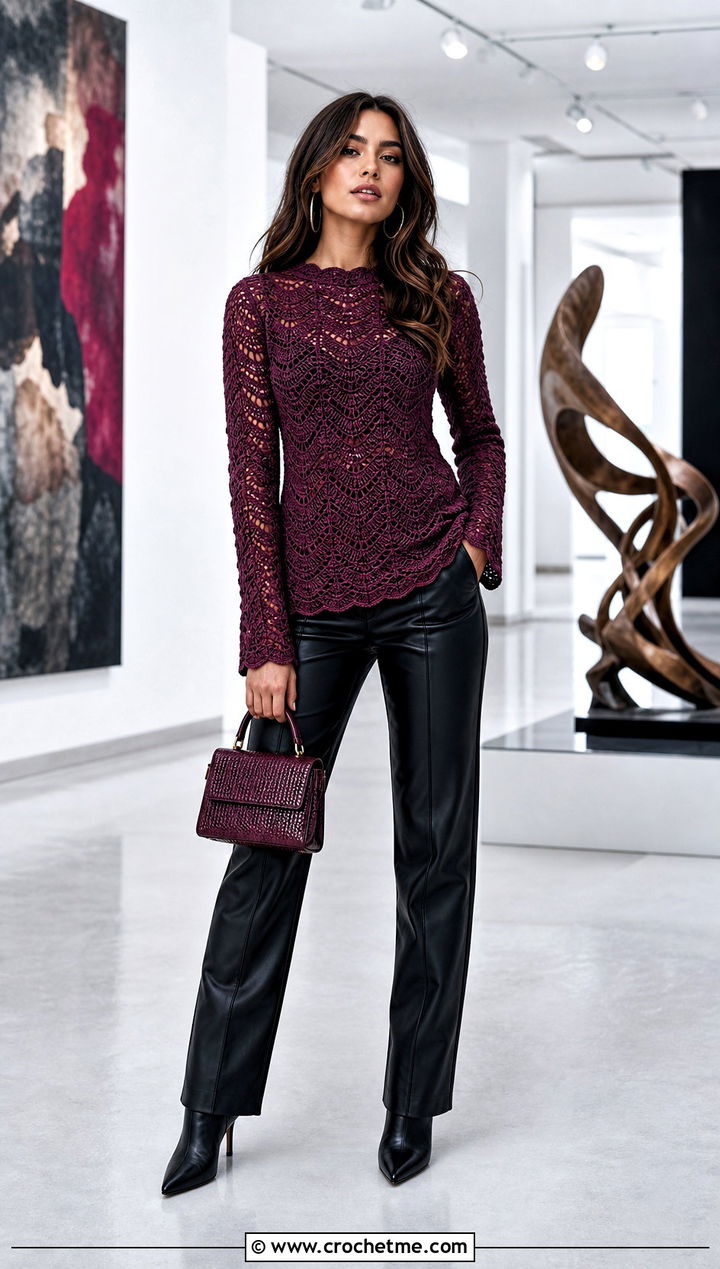 Fitted Long Wave Crochet Top With Leather Pants - 20 wave crochet top outfit ideas