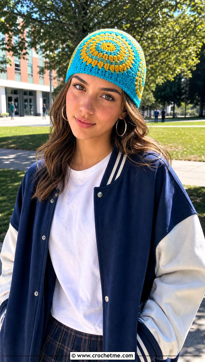 Fitted Mandala Crochet Skullcap Beanie With Varsity Jacket - 20 Mandala Crochet Beanie outfit ideas