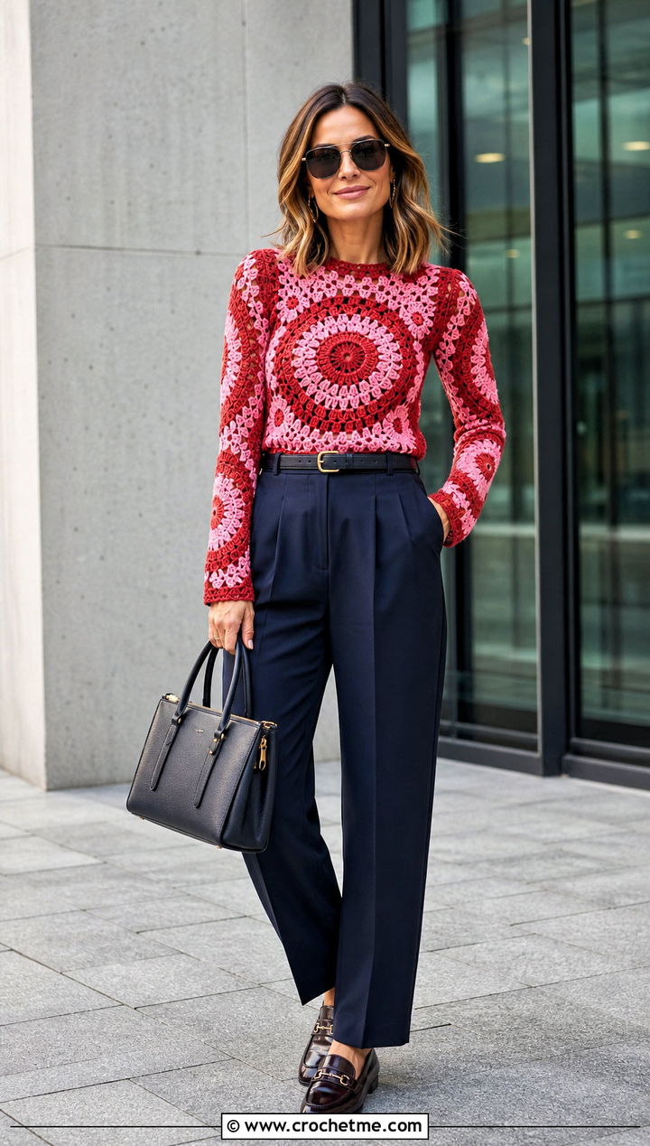 Fitted Mandala Crochet Sweater With Pleated Trousers - 25 Mandala Crochet Sweater outfit ideas