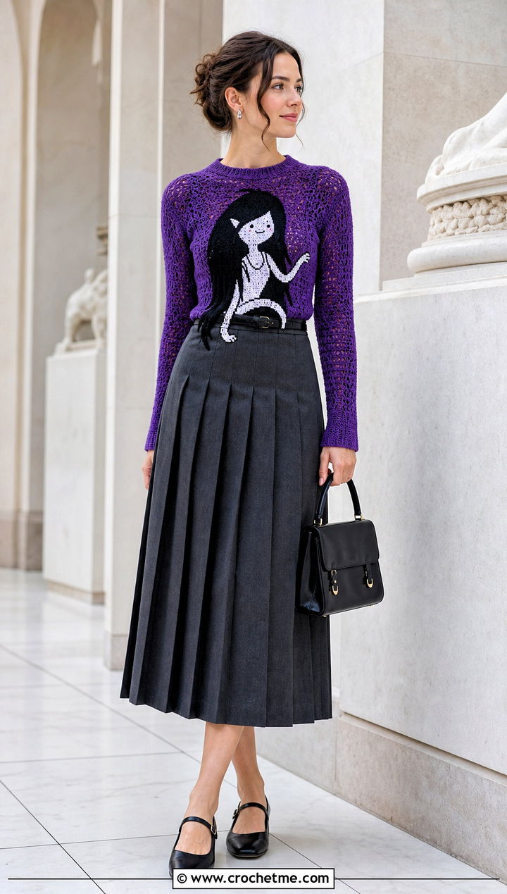 Fitted Marceline Cat Sweater With Pleated Midi Skirt - 30 crochet marceline sweater outfit ideas