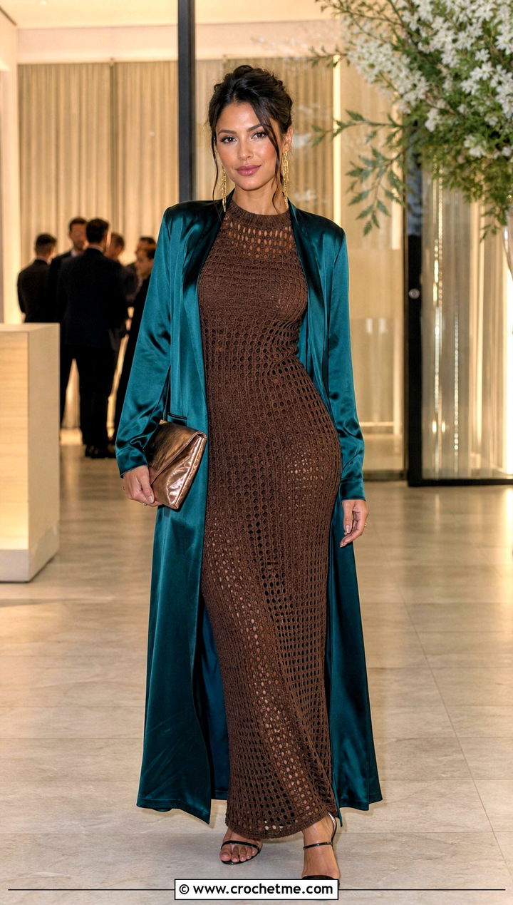Fitted Mesh Brown Crochet Maxi Dress With Satin Coat - 20 brown crochet maxi dress outfit ideas