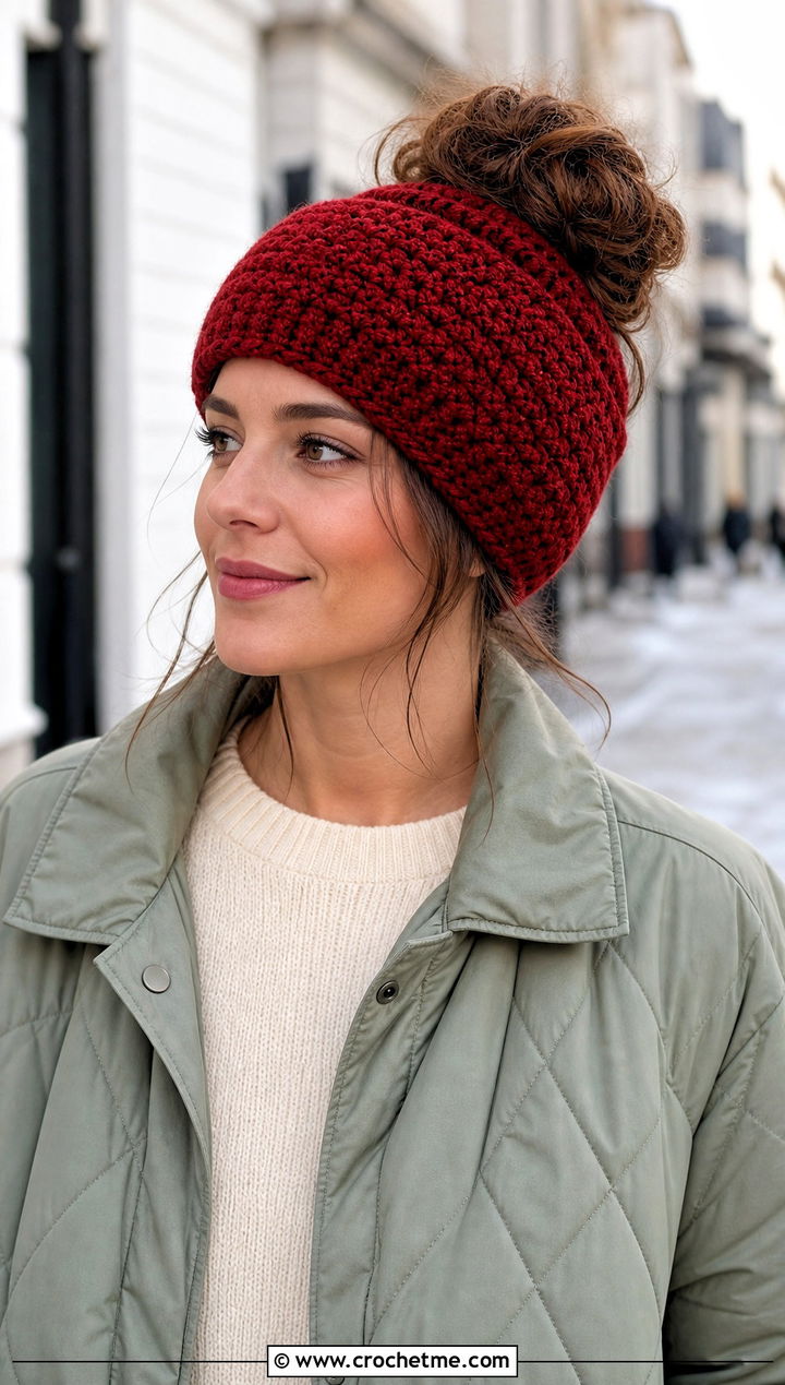 Fitted Messy Bun Crochet Beanie With Quilted Coat - 30 easy messy bun crochet beanie outfit ideas