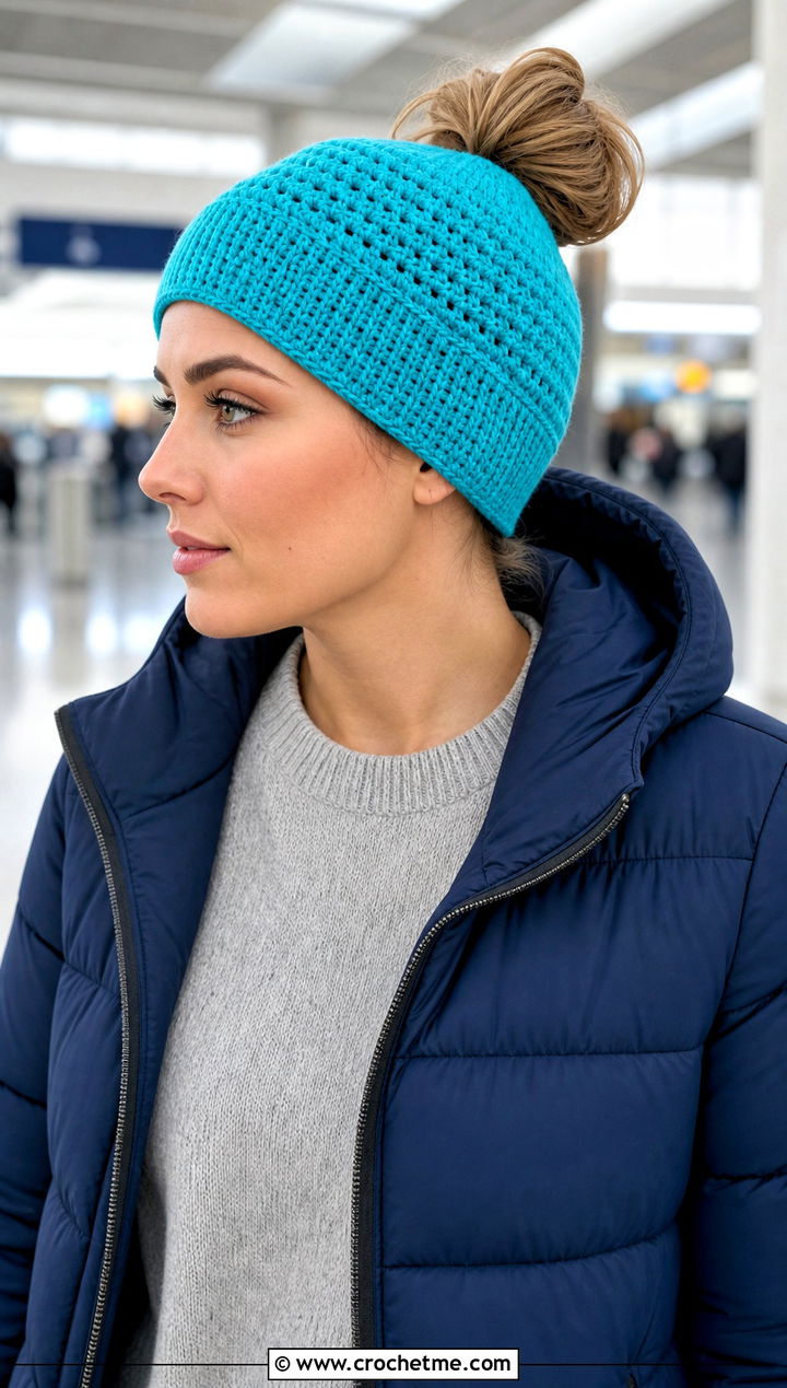 Fitted Messy Bun Crochet Hat With Matching Knit Set - 25 messy bun crochet hat with hair tie outfit ideas