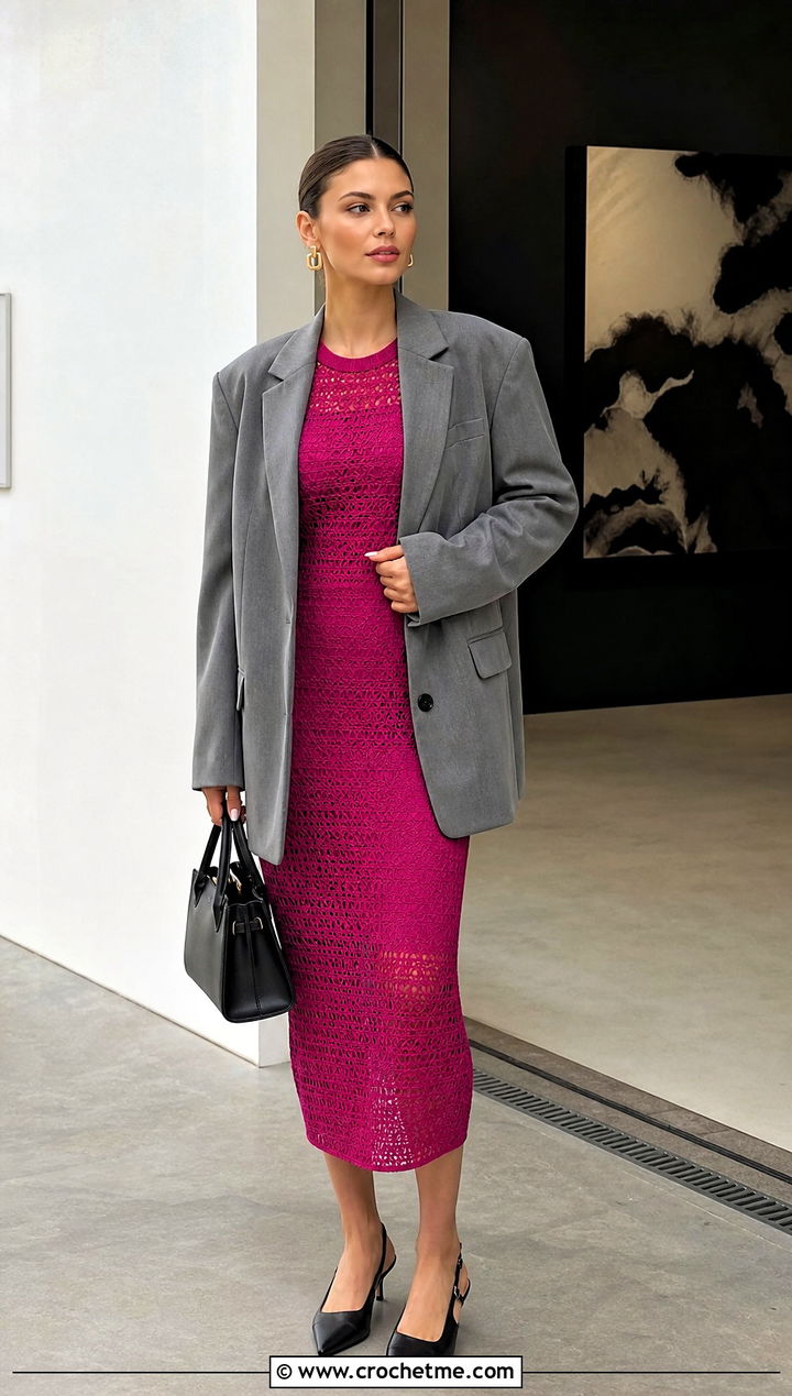 Fitted Midi Crochet Beach Dress With Oversized Blazer - 20 Long Sleeve Crochet Beach Dress outfit ideas