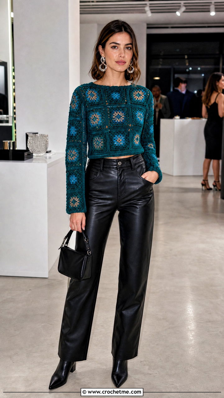 Fitted Mini Granny Square Jumper With Leather Pants - 35 crochet granny square jumper outfit ideas