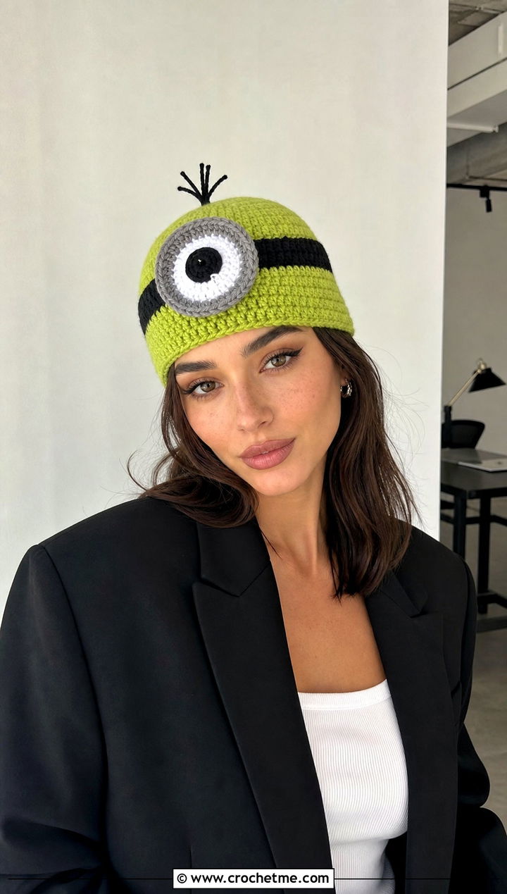 Fitted Minion Crochet Skull Beanie With Blazer - 25 minion crochet beanie outfit ideas