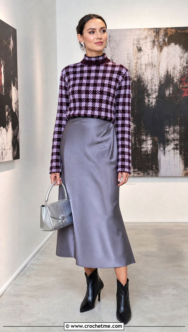 Fitted Mock Neck Crochet Gingham Sweater With Satin Midi Skirt - 25 Crochet Gingham Sweater outfit ideas