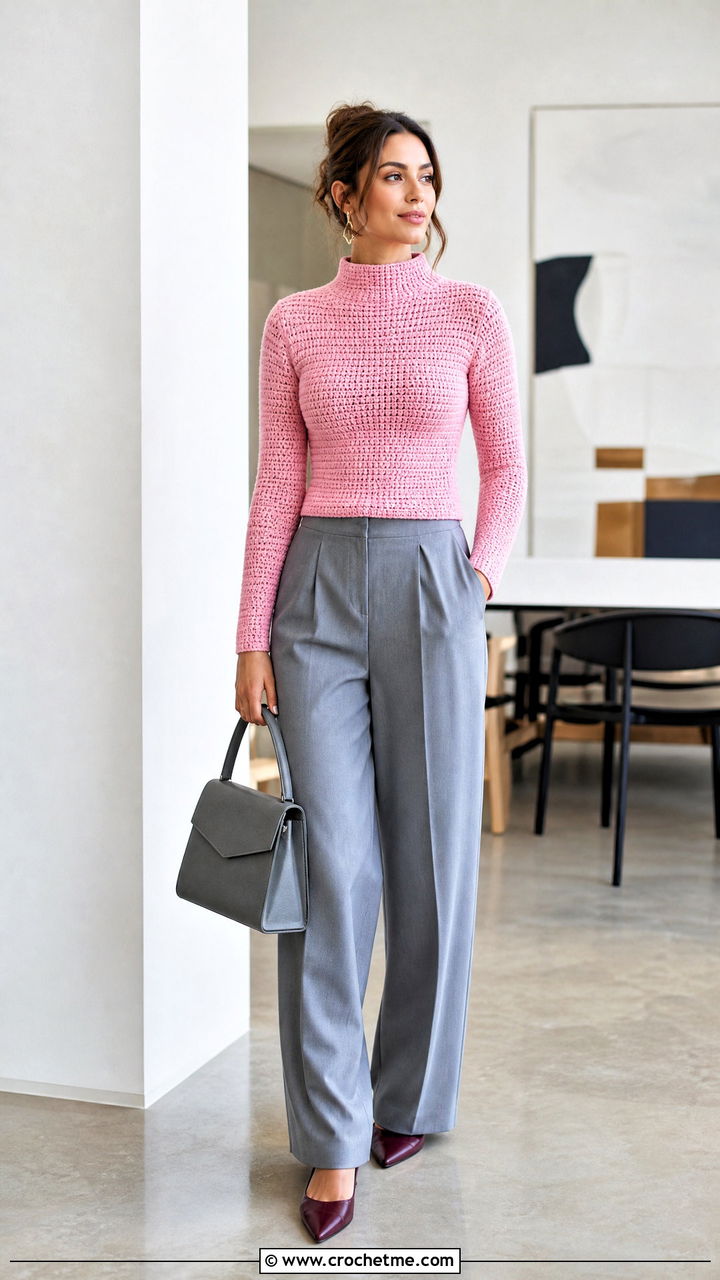 Fitted Mock Neck Crochet Sweater With Wide Leg Pants - 35 top down crochet sweater outfit ideas