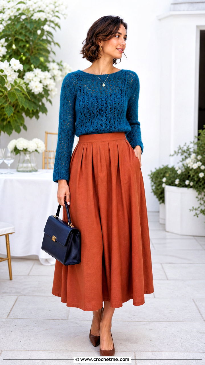 Fitted Mohair Crochet Sweater With Full Midi Skirt - 35 mohair crochet sweater outfit ideas