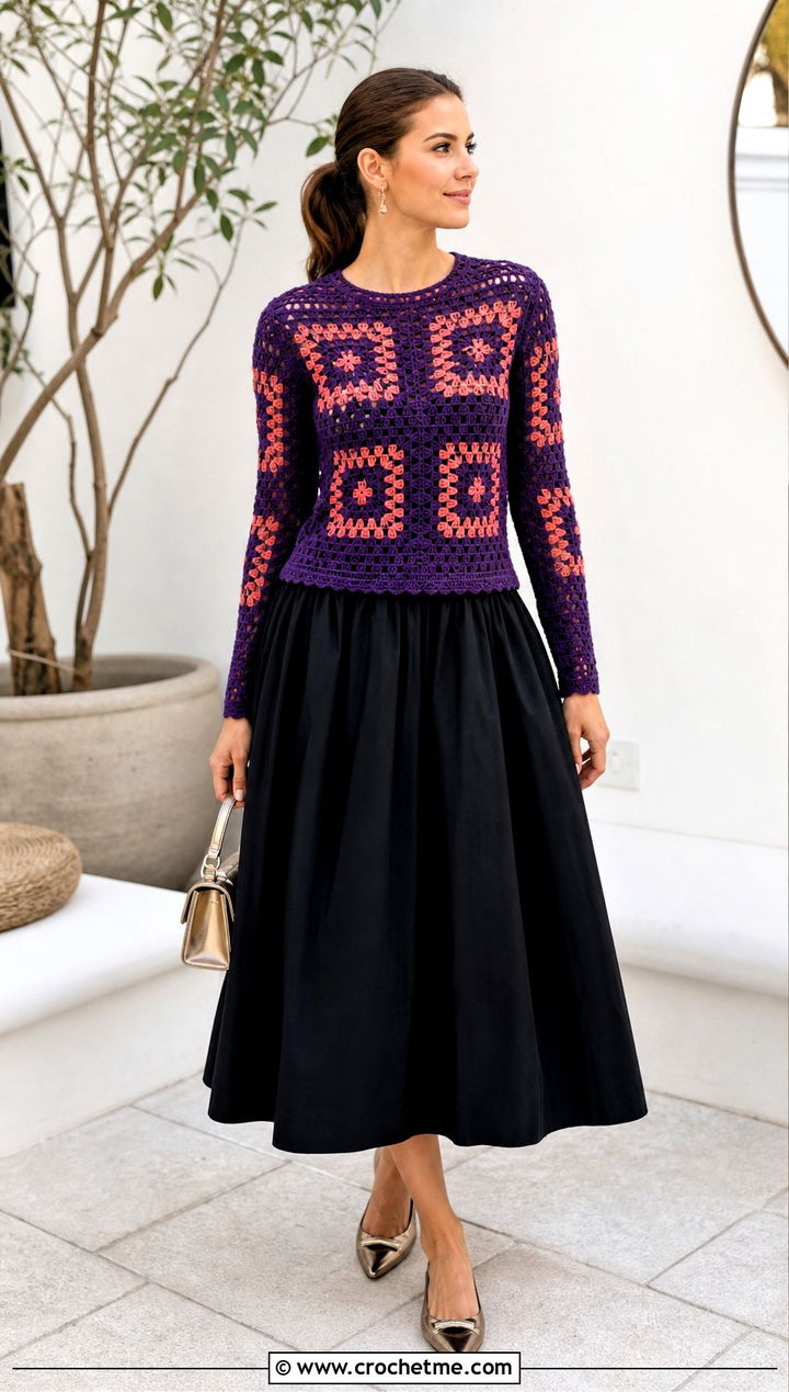 Fitted Mosaic Crochet Sweater With Full Midi Skirt - 25 Mosaic Crochet Sweater outfit ideas