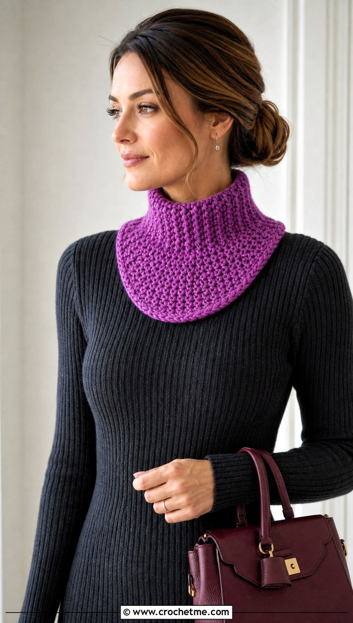 Fitted Moss Stitch Crochet Neck Warmer With Sweater Dress - 15 Moss Stitch Crochet Cowl outfit ideas