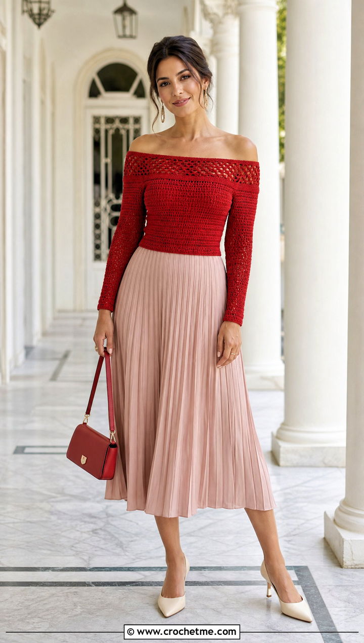 Fitted Off The Shoulder Crochet Sweater With Pleated Midi Skirt - 30 off the shoulder crochet sweater outfit ideas