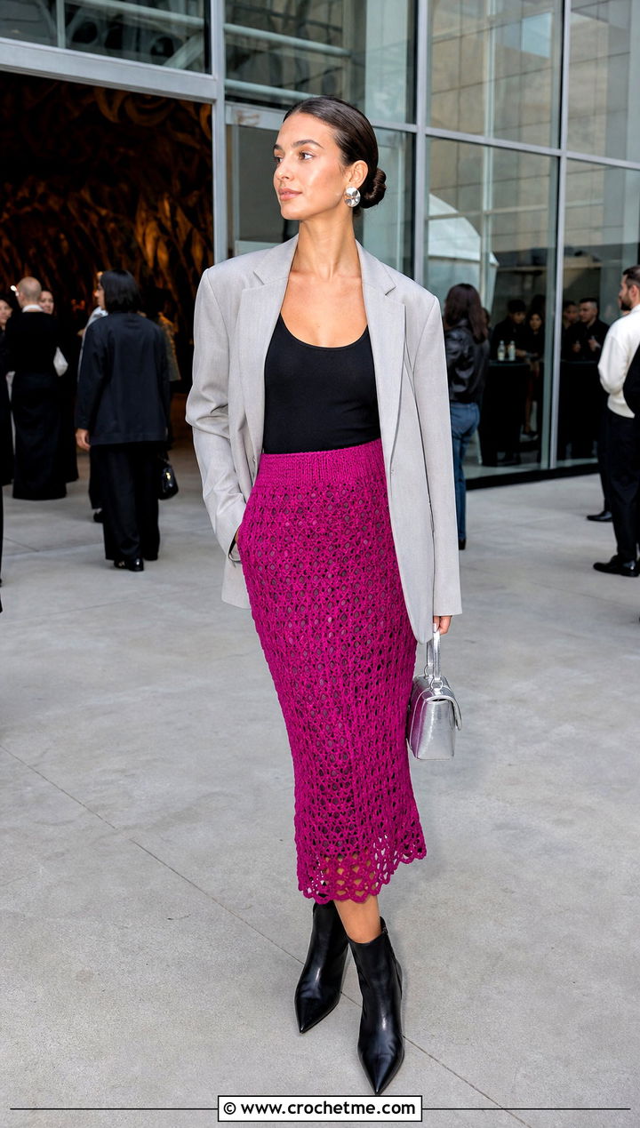 Fitted Pineapple Skirt With Oversized Blazer - 25 crochet pineapple skirt outfit ideas