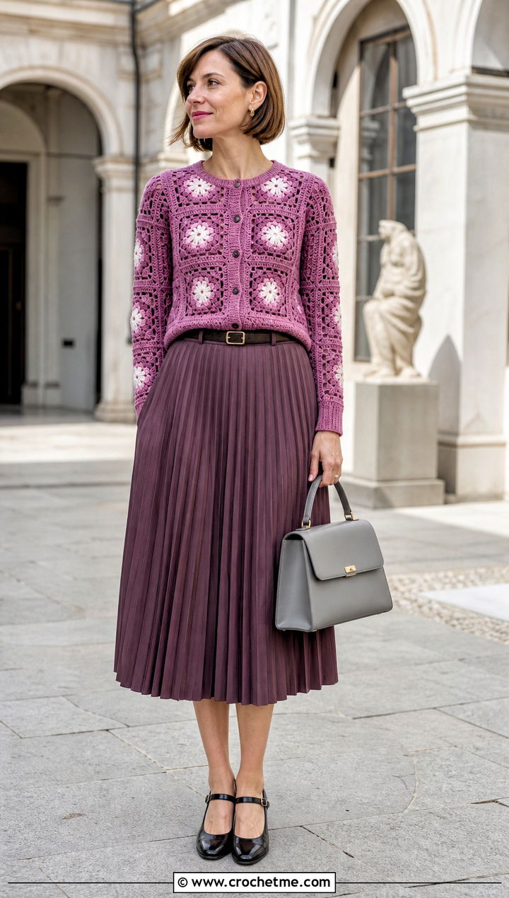 Fitted Pink Granny Square Cardigan With a Pleated Skirt - 35 pink granny square cardigan outfit ideas