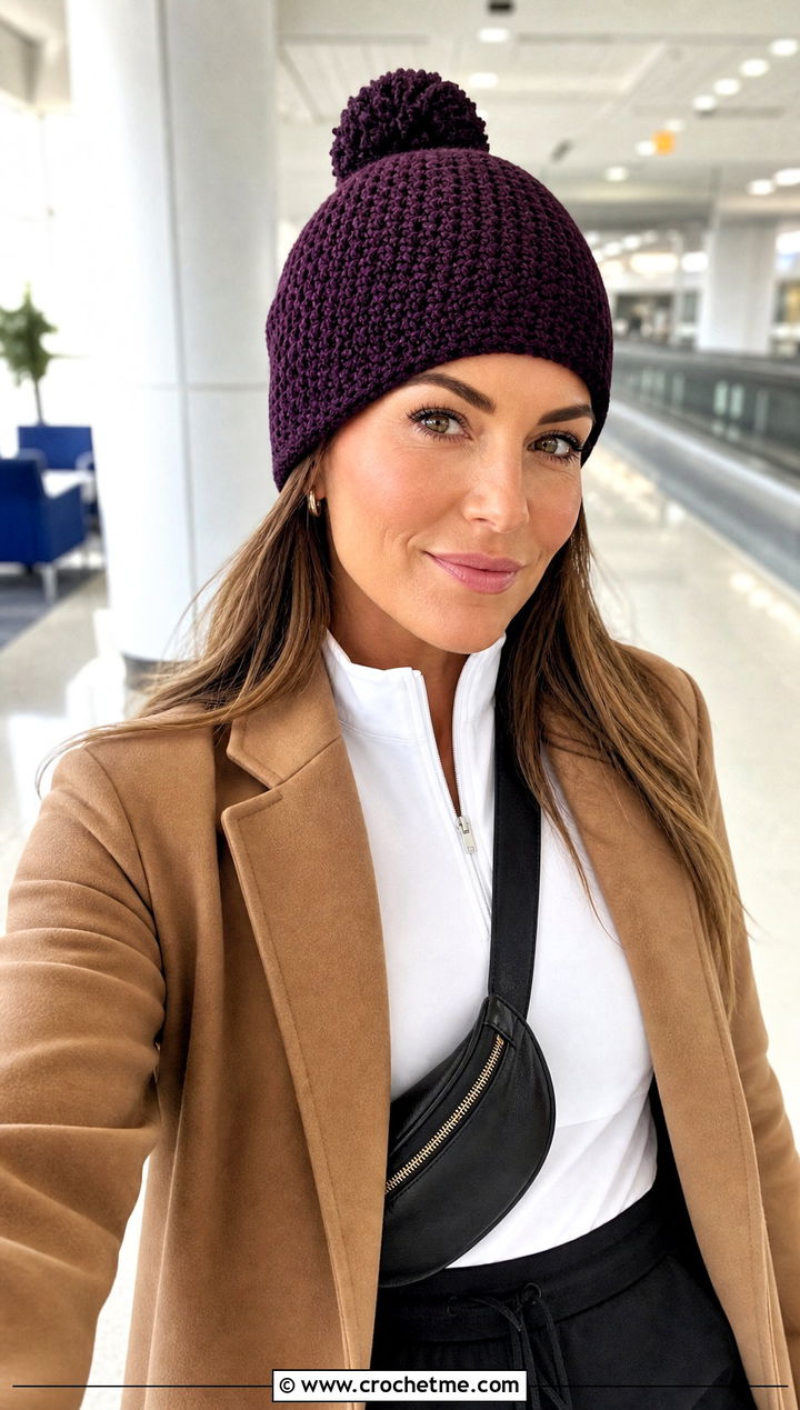 Fitted Pom Pom Crochet Skullcap With Long Coat And Track Pants - 30 crochet hat with pom pom outfit ideas