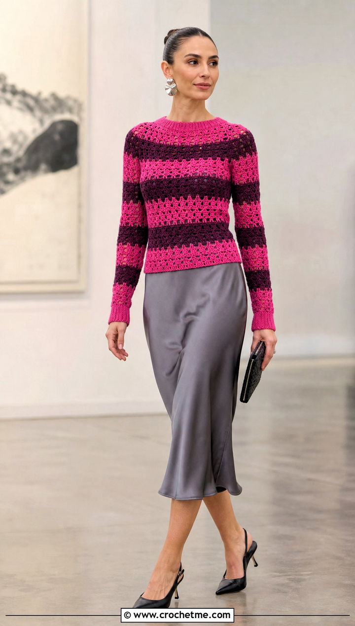 Fitted Princess Bubblegum Crochet Sweater With Satin Midi Skirt - 15 Crochet Princess Bubblegum Sweater outfit ideas