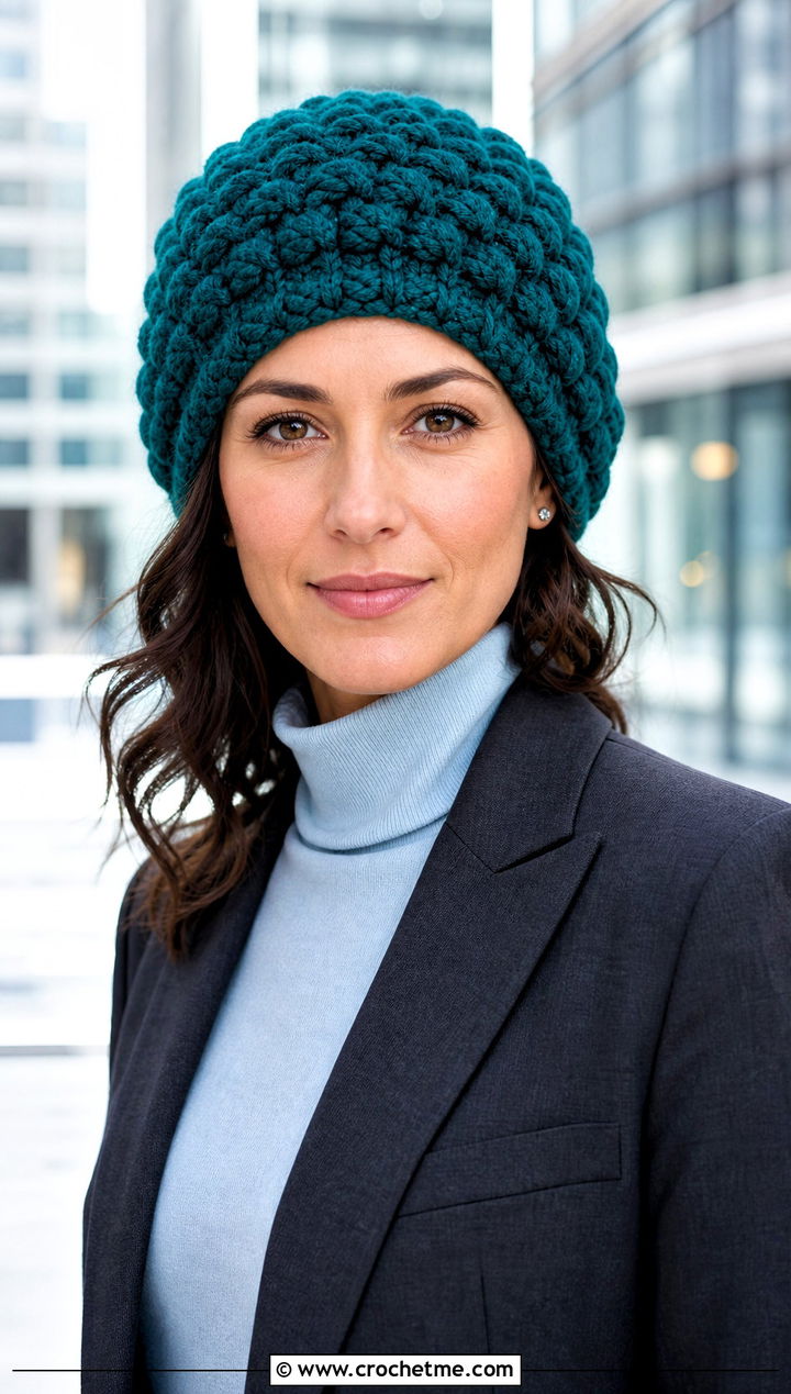 Fitted Puff Stitch Beanie With Blazer And Tailored Trousers - 25 crochet puff stitch beanie outfit ideas