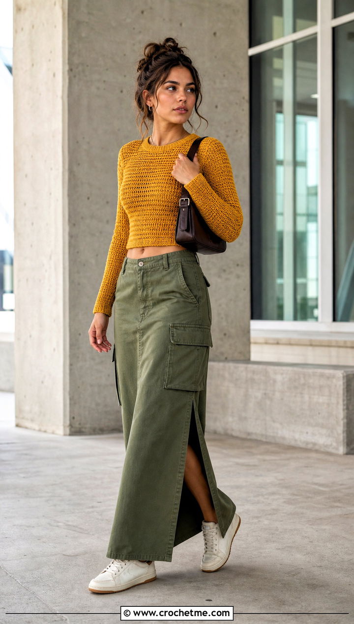 Fitted Pullover Crochet Sweater With Cargo Maxi Skirt - 30 Pullover Crochet Sweater outfit ideas