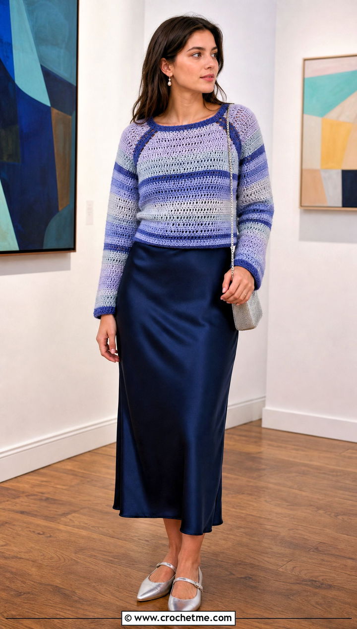 Fitted Raglan Crochet Striped Sweater With Slip Dress - 15 Crochet Stripped Sweater outfit ideas