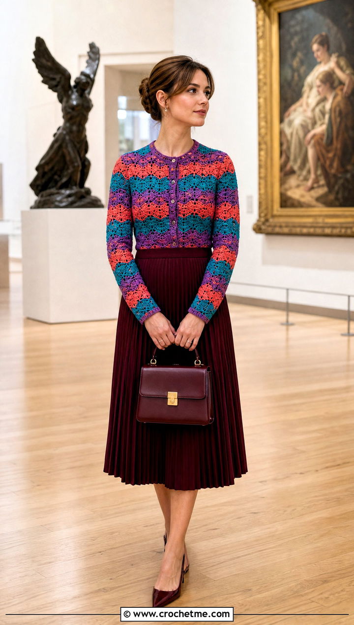 Fitted Rainbow Crochet Cardigan With Pleated Midi Skirt - 25 Rainbow Crochet Cardigan outfit ideas