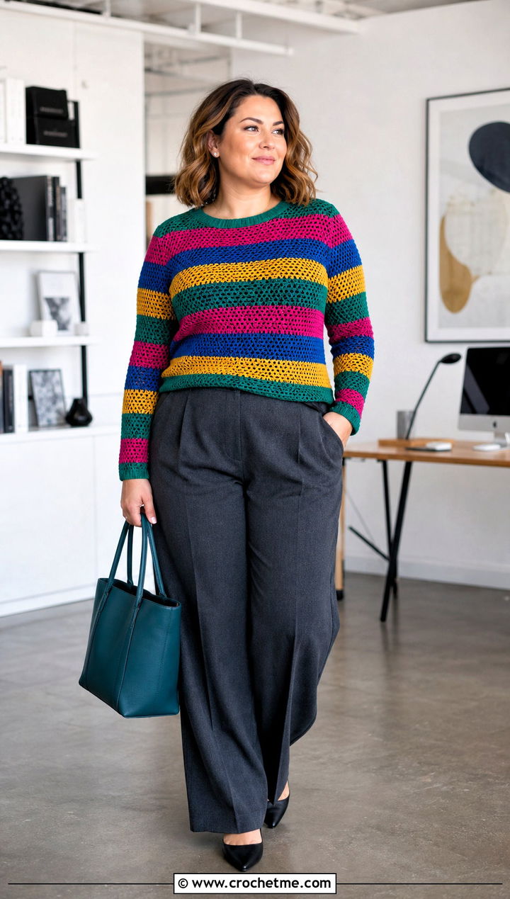 Fitted Rainbow Striped Crochet Sweater With Tailored Trousers - 15 rainbow striped crochet sweater outfit ideas