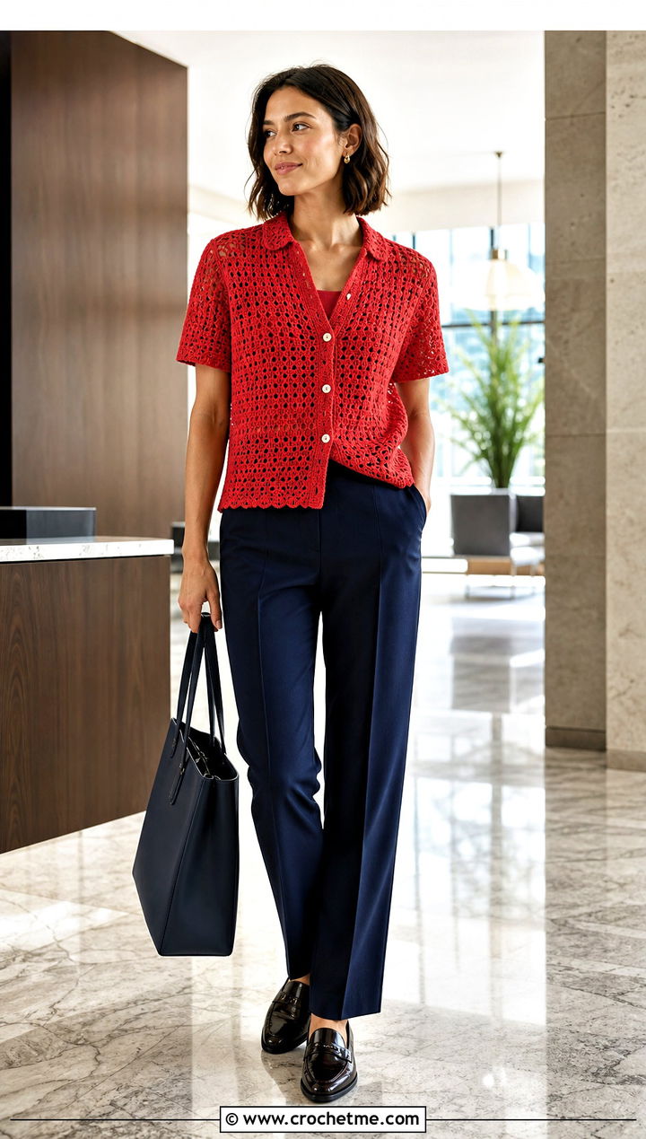 Fitted Relaxagon Crochet Shirt With Suit Trousers - 15 relaxagon crochet shirt outfit ideas