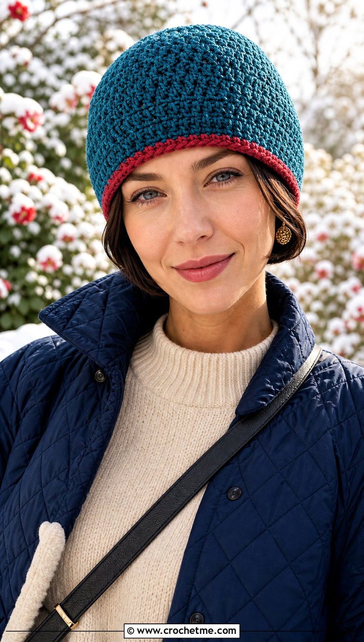 Fitted Reversible Crochet Beanie With Pleated Midi Skirt - 15 Reversible Crochet Beanie outfit ideas