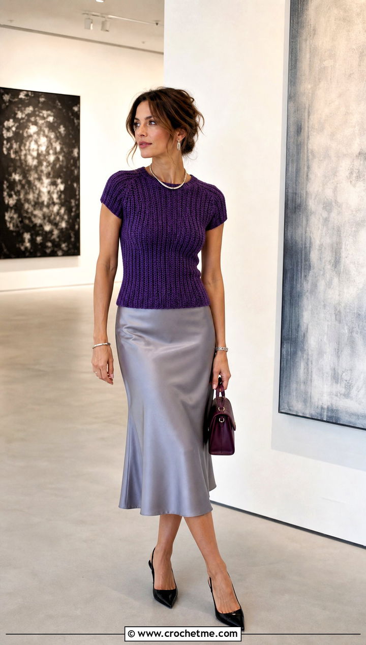 Fitted Rib Stitch Crochet T Shirt With Satin Midi Skirt - 35 crochet t shirt outfit ideas