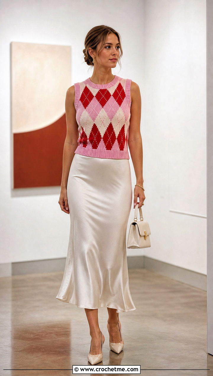 Fitted Rib Trim Argyle Crochet Sweater Vest With Satin Midi Skirt - 20 Argyle Crochet Sweater Vest outfit ideas