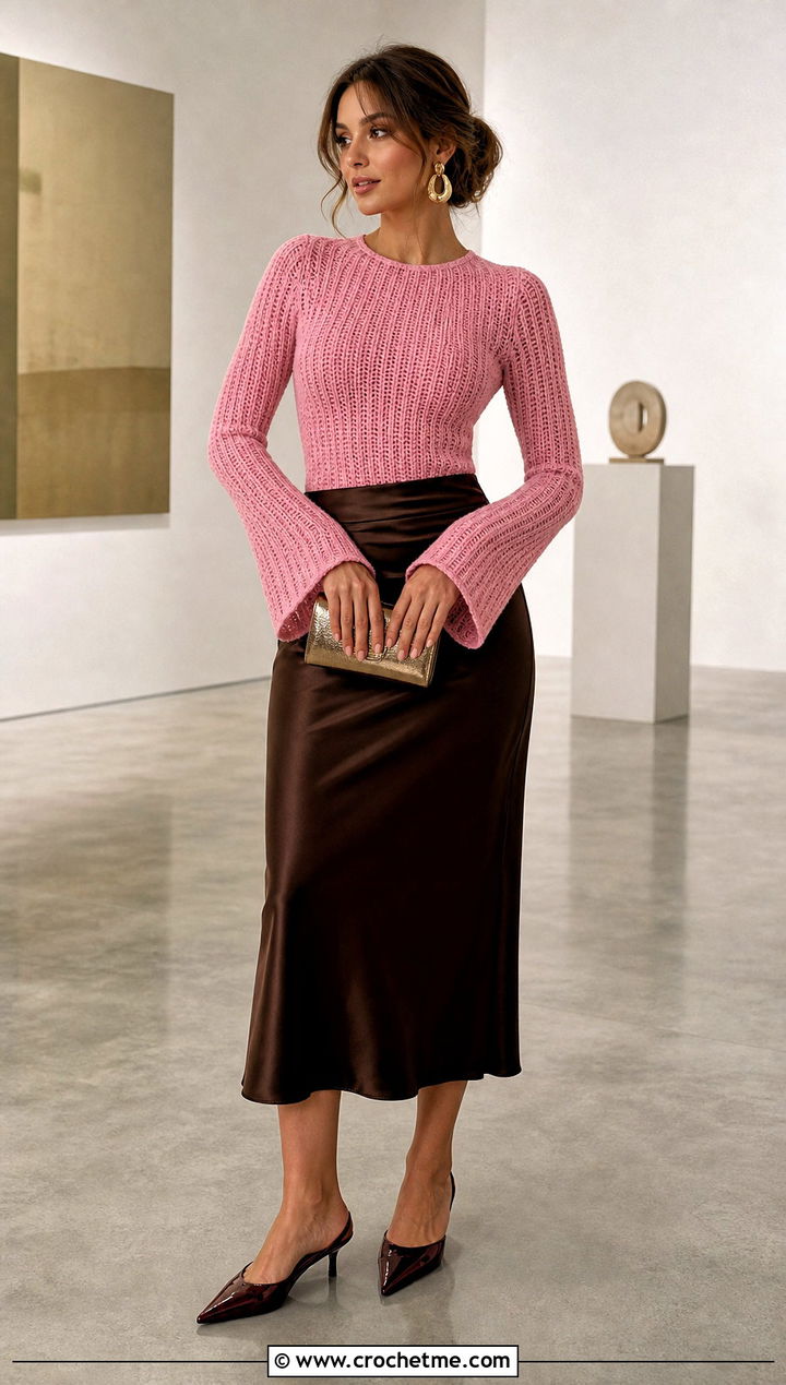 Fitted Ribbed Bell Sleeve Crochet Sweater With Satin Midi Skirt - 25 crochet sweater bell sleeves outfit ideas