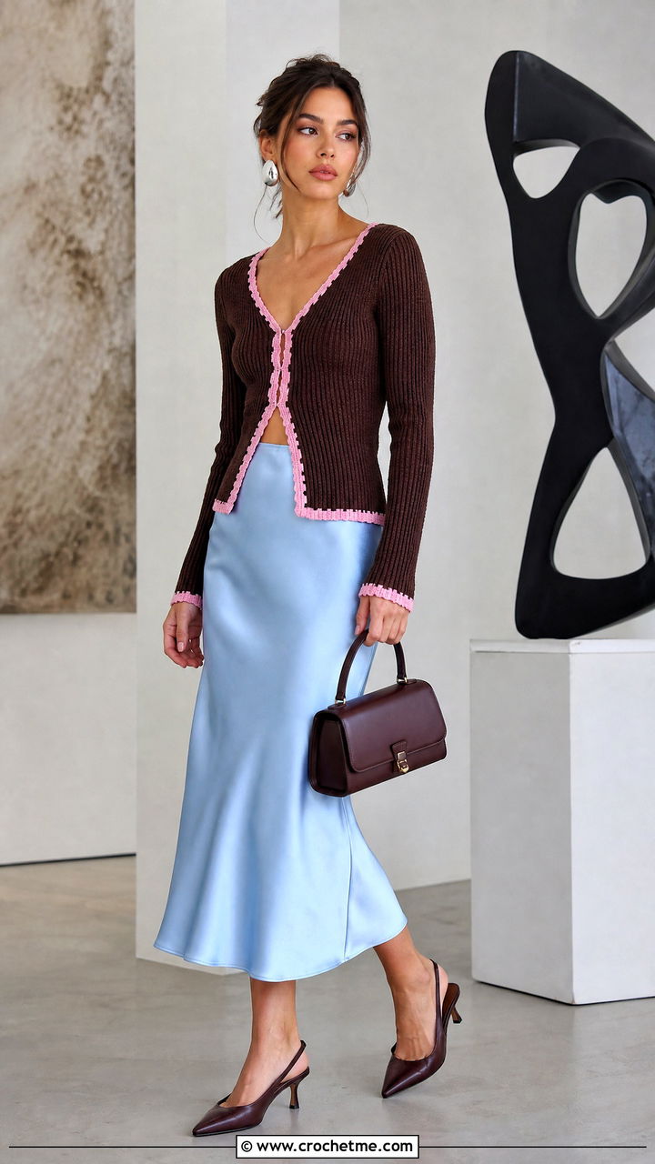 Fitted Ribbed Brown Crochet Sweater With Satin Midi Skirt - 35 crochet brown sweater outfit ideas