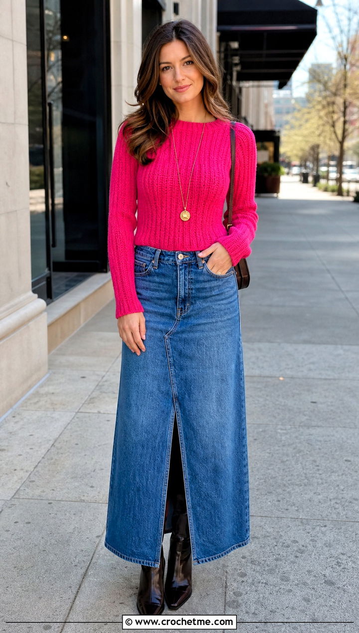 Fitted Ribbed Crochet Barbie Sweater With Maxi Denim Skirt - 25 crochet barbie sweater outfit ideas