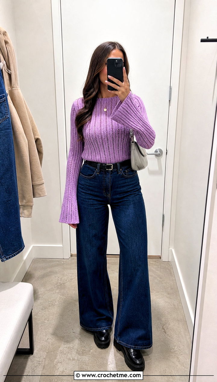Fitted Ribbed Crochet Bell Sleeve Sweater With Wide Leg Jeans - 25 Crochet Sweater With Bell Sleeves outfit ideas