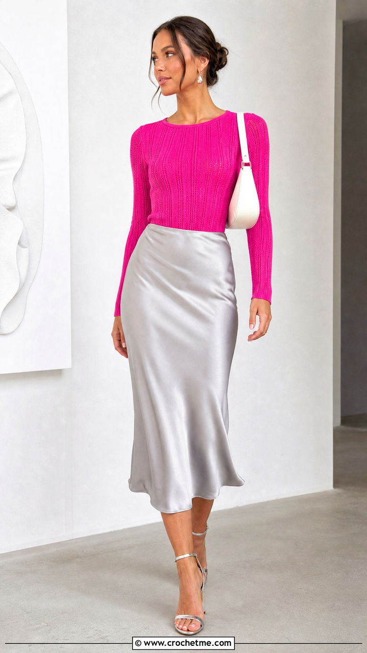 Fitted Ribbed Crochet Full Sleeve Top With Satin Skirt - 35 crochet full sleeve top outfit ideas