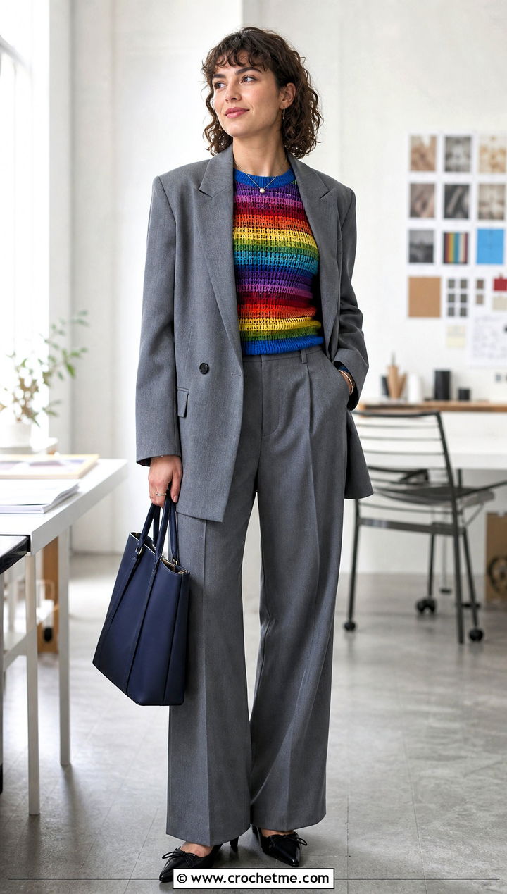 Fitted Ribbed Crochet Rainbow Sweater With A Relaxed Suit - 20 Crochet Rainbow Sweater outfit ideas