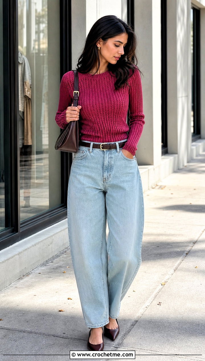 Fitted Ribbed Crochet Sweater Top With Barrel Jeans - 35 Crochet Top Sweater outfit ideas