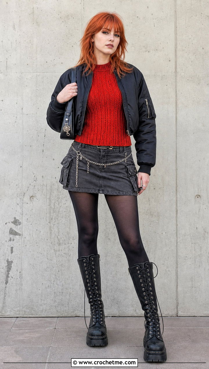 Fitted Ribbed Crochet Sweater With Cargo Mini Skirt - 25 alt crochet sweater outfit ideas