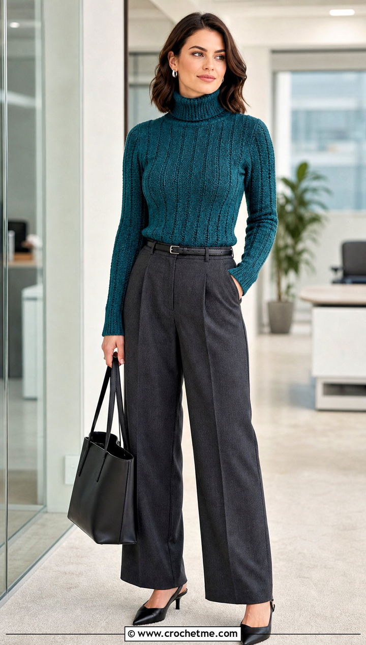 Fitted Ribbed Crochet Turtleneck Sweater With Tailored Trousers - 30 crochet turtleneck sweater outfit ideas