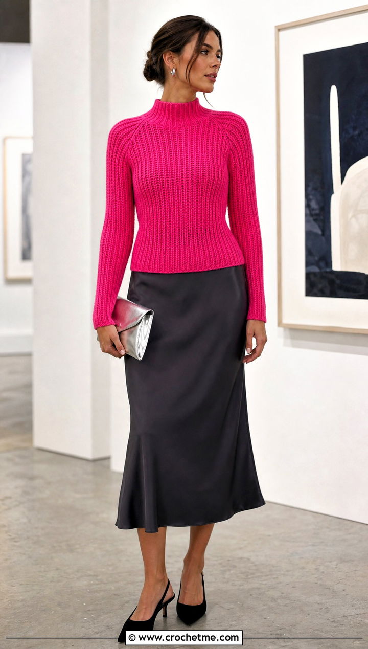 Fitted Ribbed Mock Neck Crochet Sweater With Satin Skirt - 30 crochet high neck sweater outfit ideas