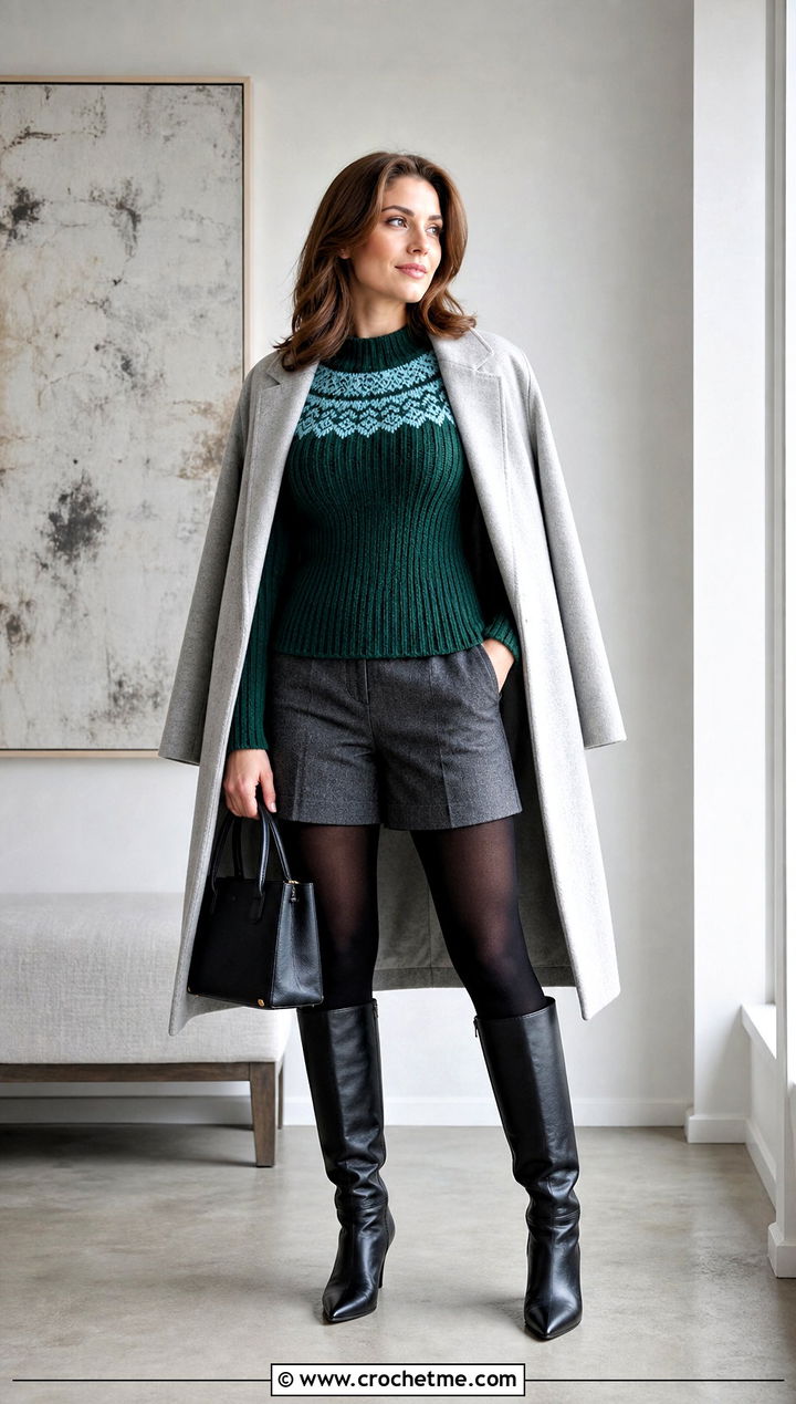 Fitted Ribbed Nordic Crochet Sweater With Wool Shorts - 25 nordic crochet sweater outfit ideas