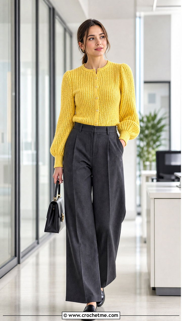 Fitted Ribbed Puff Sleeve Crochet Cardigan With Tailored Trousers - 25 Puff Sleeve Crochet Cardigan outfit ideas