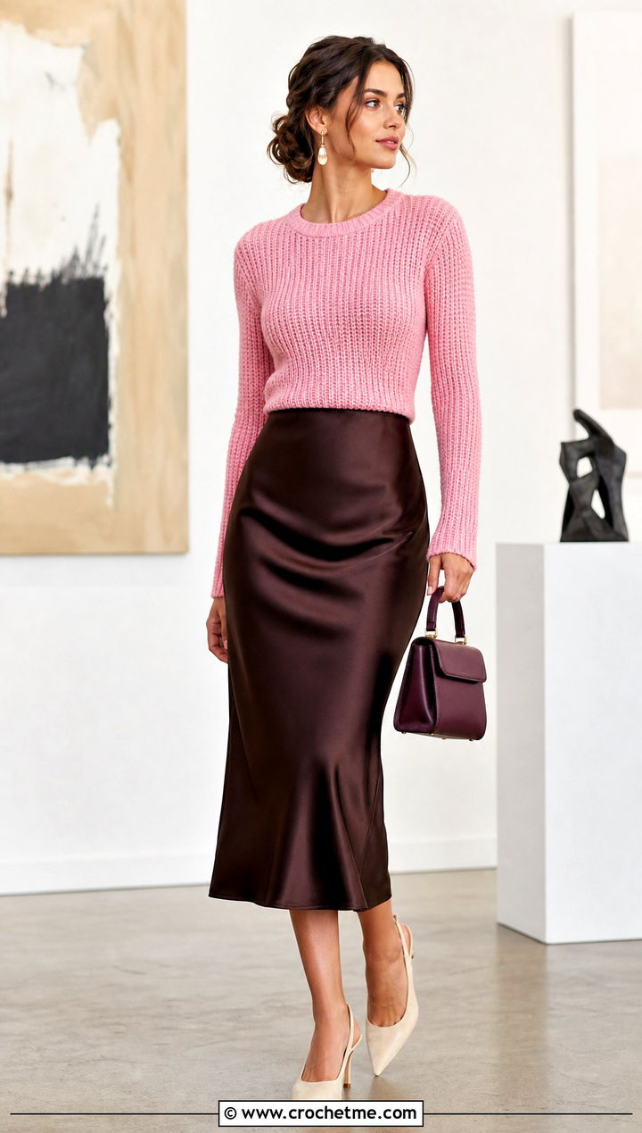 Fitted Ribbed Round Neck Crochet Sweater With Satin Midi Skirt - 15 crochet round sweater outfit ideas