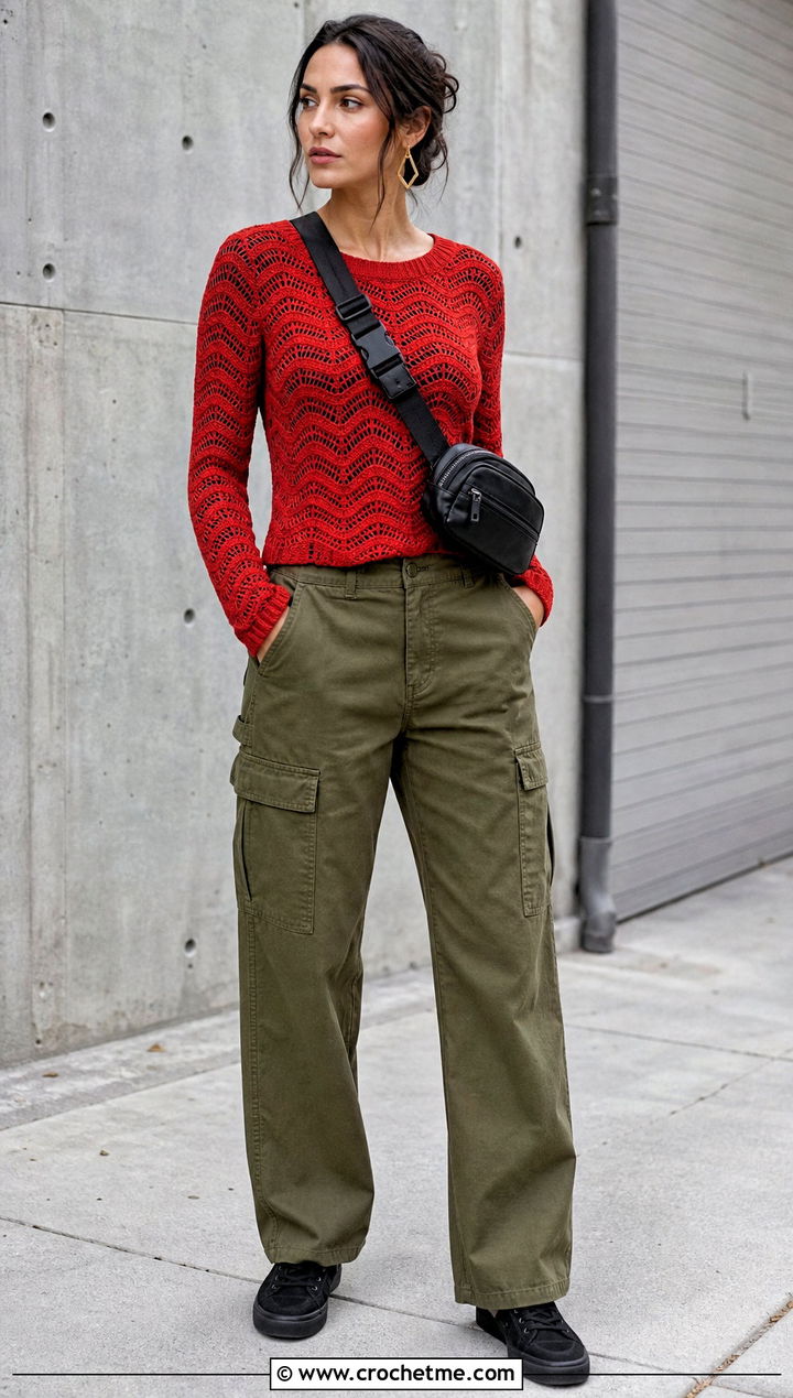 Fitted Ripple Crochet Sweater With Cargo Pants - 20 Ripple Crochet Sweater outfit ideas