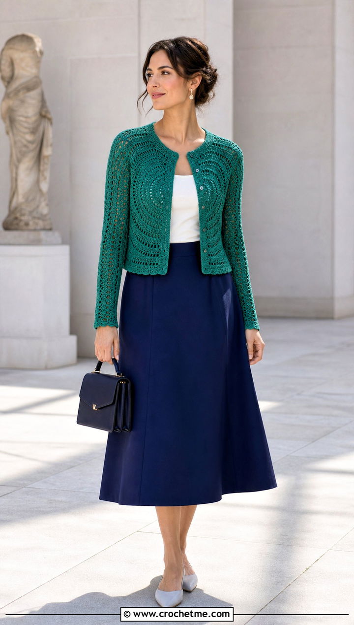 Fitted Round Crochet Cardigan With A Line Midi Skirt - 35 round crochet cardigan outfit ideas
